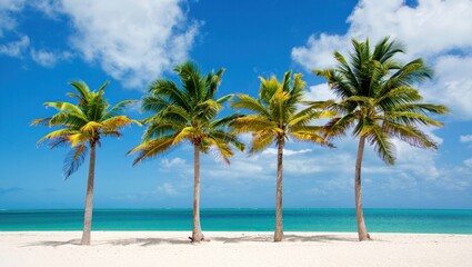 Fototapeta premium Four palm trees on a white sand beach with turquoise water
