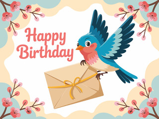 An illustrated bird happily carries a letter while flying, symbolizing joy and celebration, perfectly capturing the essence of birthdays and cheerful surprises.