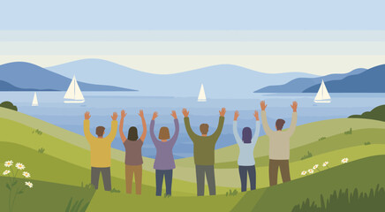 This joyful image of a diverse group of people celebrating together at a lakeshore captures the essence of community spirit and the beauty of nature, promoting togetherness and happiness.
