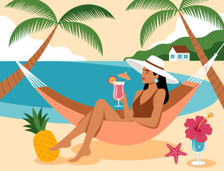 A vibrant beach illustration depicting relaxation and leisure with a woman enjoying a drink. Ideal for vacation branding, tourism, and lifestyle imagery.