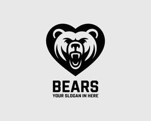 A striking logo design featuring a bear's head inside a heart shape, conveying strength and affection for wildlife, perfect for outdoor or conservation branding.