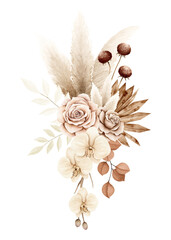 Watercolor floral bouquet illustration in boho style on white background with cream and brown roses, orchids, green and copper eucalyptus, palm leaves, pampas grass, dried flowers, leaves and branches