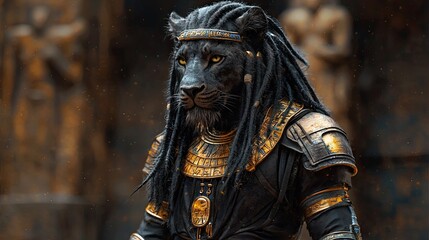 Obraz premium Dark panther-like figure in gold armor, dreadlocks