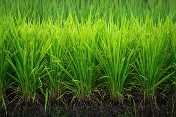 Lush green rice paddy field, rural Asian landscape, agriculture, growth