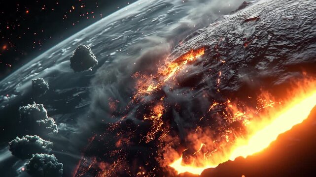 A distant alien planet engulfed in flames and fiery cracks, a cosmic spectacle.
