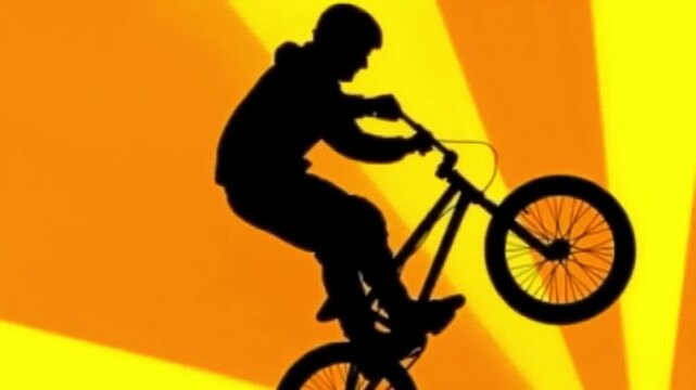 A black silhouette of a BMX rider performing a wheelie against a vibrant yellow and orange radial background, illustrating extreme bike sports