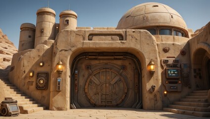 Futuristic desert outpost with imposing circular doorway and towers