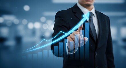 Business professional analyzing upward financial growth chart with data visualization