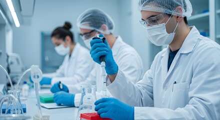 Scientists in a modern laboratory conducting research with pipettes and beakers under bright lights