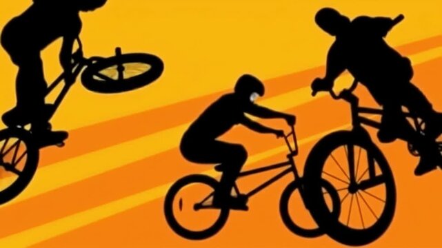 Dynamic silhouettes of BMX riders performing stunts against a vibrant orange backdrop, showcasing extreme sports and freestyle biking action