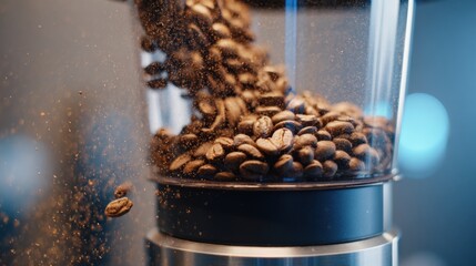 Closeup medium shot of a modern liquidnitrogen coffee grinder in action focusing on frosty beans tumbling inside while the blurred background hints at aroma retention technology.