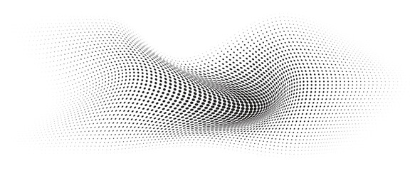 Flowing Wave Dot Halftone Pattern: Curve Gradient Shape on Transparent Background. Suitable for AI, Tech, Network, Digital, Science, and Technology Themes.