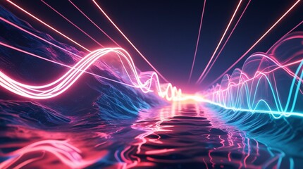 Dynamic neon energy waves flowing on dark liquid with vibrant light trails. Futuristic abstract sci-fi, technology, and music background.