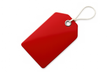Blank red price tag hanging by string against transparent backdrop, waiting for pricing details