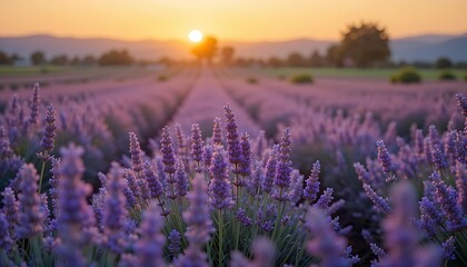 Obraz premium Vast Lavender Field in Full Bloom, Stretching into the Distance with Rows of Purple Flowers Under a Warm Sunset Sky and a Hazy Mountainous Horizon