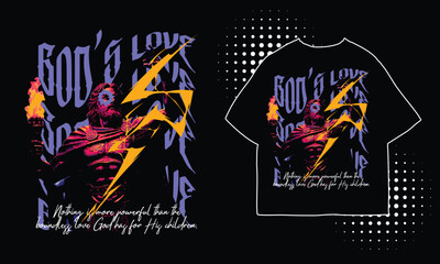 A graphic design featuring a muscular figure holding a torch, with text and lightning bolt elements.