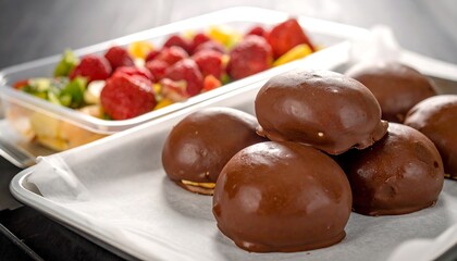 Chocolate-covered buns with fruit platter