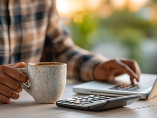 Student studying with laptop, coffee, and calculator in a cozy cafe during late afternoon