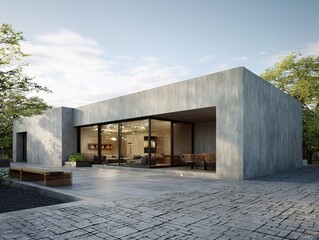 3d render of modern house with large concrete wall and window, Backyard with cobble stone terrace floor. High quality