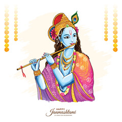 Happy janmashtami with lord krishna hand playing bansuri card background
