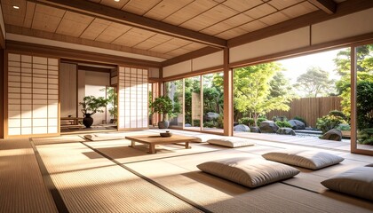 Serene Japanese dojo with tatami mats and floor cushions, bathed in morning sunlight from an open view of a tranquil zen garden.