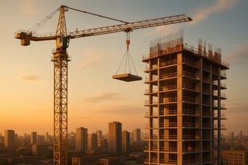 Fototapeta premium Modern skyscraper construction site with tower crane silhouetted against dramatic sunset sky