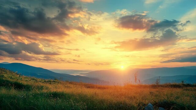 Stunning sunset over grassy hills with scenic sky