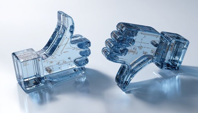 Transparent glass thumbs-up and thumbs-down icons isolated on a white background. 3D rendering concept of social media feedback and approval. High quality