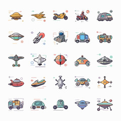 Futuristic Vehicles and Transportation Icons Collection.