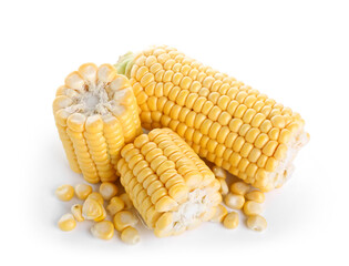 Fresh corn cobs and kernels isolated on white background