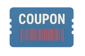 Barcode-bearing blue coupon displaying promotional savings, floating against transparent backdrop