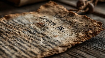 Aged Burnt Paper with Text Laying on Wooden Surface in Warm Lighting