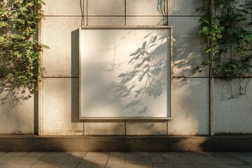 Square light box empty display on beige concrete wall outdoors, mock up. High quality