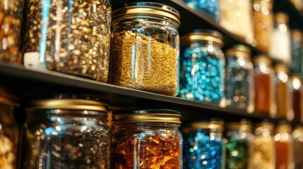 Colorful jars of spices and ingredients arranged on a shelf