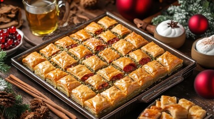 Delicious Baklava on a Festive Table with Seasonal Decorations