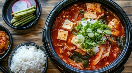 Delicious Korean Kimchi Stew in Black Bowl with Rice and Sides