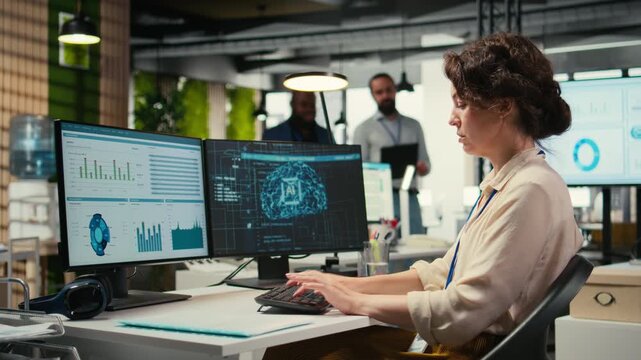 Female employee being pleased with AI integration success for efficiency recognition, using a synergy of data sharing and optimization models in a co working space. Progress prosperity. Camera A.