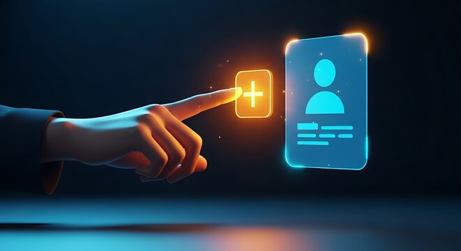 QFS favorite contact concept. Hand adds a contact to a favorites list on a holographic interface for quick Quantum Financial System transactions.