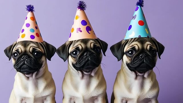 Three adorable pug puppies wearing colorful party hats, celebrating their birthday on a purple background