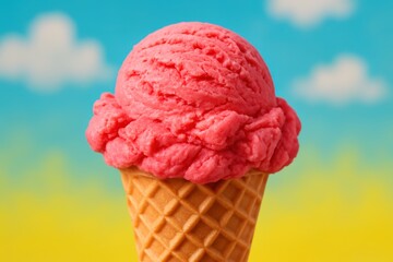 Delicious Strawberry Ice Cream Cone Portrait with Summer Treat and Colorful Background