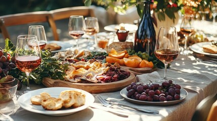 Elegant Outdoor Dining Table Set with Fresh Fruits and Wine