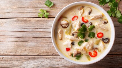 Creamy Chicken Soup with Mushrooms and Fresh Herbs in Bowl