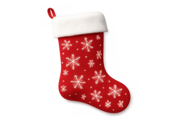 Christmas stocking hanging with intricate snowflake design, white festive sock against transparent backdrop