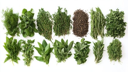 Naklejka premium Fresh Culinary Herbs Arrangement on White Background for Cooking