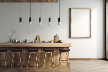 Minimalist wooden kitchen interior with modern island, bar stools, pendant lights and blank vertical frame on wall in bright open space. 3D Rendering. High quality