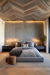 Modern bedroom with wood-paneled ceiling and concrete wall