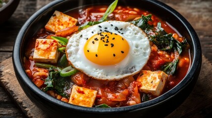 Delicious Korean Stew with Tofu, Egg, and Fresh Vegetables in Bowl