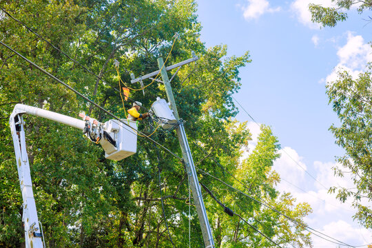Utility worker uses bucket truck to repair power lines while trees provide shade - Powered by Adobe
