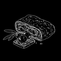 Olive tapenade in a loaf with olives and olive leaves on black background 