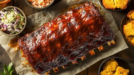 Delicious Barbecue Ribs with Side Dishes on Rustic Wooden Table